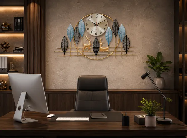 Iron_Nature-Inspired_Gold_Deer_Leaf_Analog_Wall_Clock