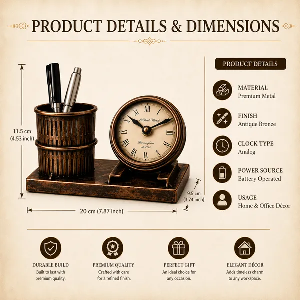 Iron_Antique_Bronze_Roman_Numeral_Desk_Clock_With_Pen_Holder