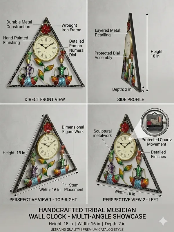 Wrought_Iron_Triangular_Tribal_Musician_Analog_Wall_Clock