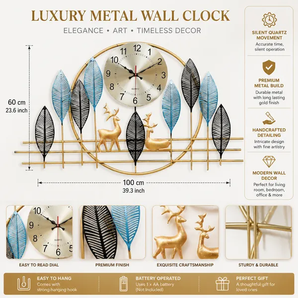 Iron_Nature-Inspired_Gold_Deer_Leaf_Analog_Wall_Clock