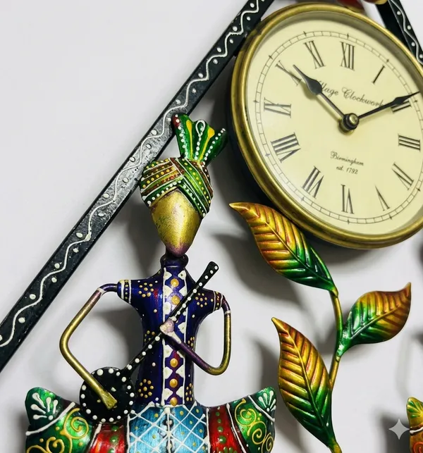 Wrought_Iron_Triangular_Tribal_Musician_Analog_Wall_Clock
