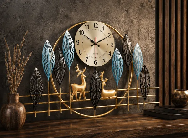 Iron_Nature-Inspired_Gold_Deer_Leaf_Analog_Wall_Clock