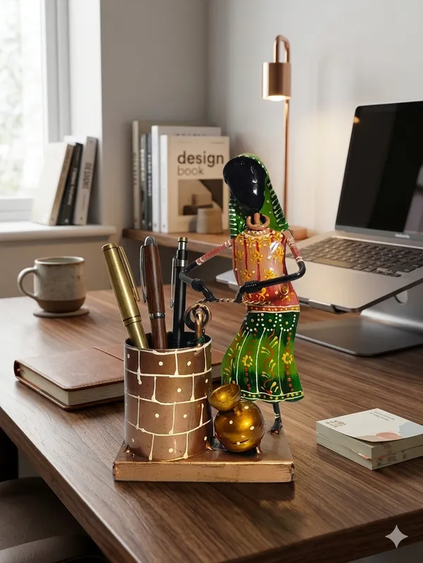 Metal_Hand-Painted_Indian_Woman_Water_Well_Pen_Stand