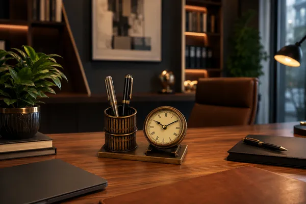 Iron_Antique_Bronze_Roman_Numeral_Desk_Clock_With_Pen_Holder