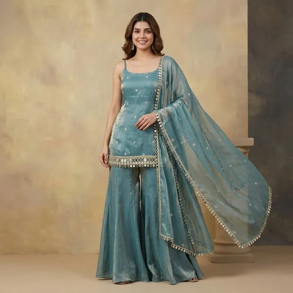 Turquoise_Fendy_Silk_Sharara_Dupatta_Set_For_Women