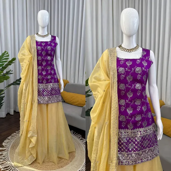 Purple_And_Yellow_Jequrd_Kurta_Palazzo_Set_For_Women