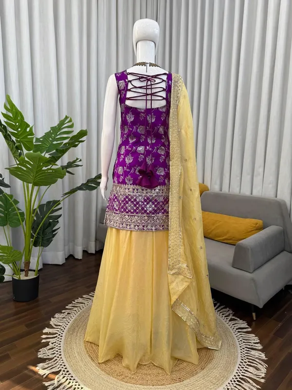 Purple_And_Yellow_Jequrd_Kurta_Palazzo_Set_For_Women