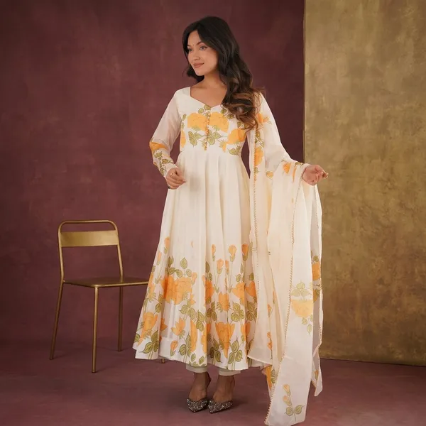 White_Heavy_Pure_Soft_Organja_Silk_Anarkali_Suit_Set_For_Women