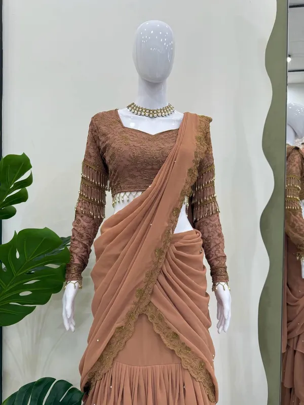 Copper_Brown_Foux_Gorgette_Lehenga_Choli_Set_For_Women