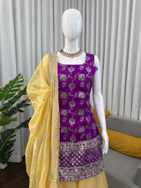 Purple_And_Yellow_Jequrd_Kurta_Palazzo_Set_For_Women