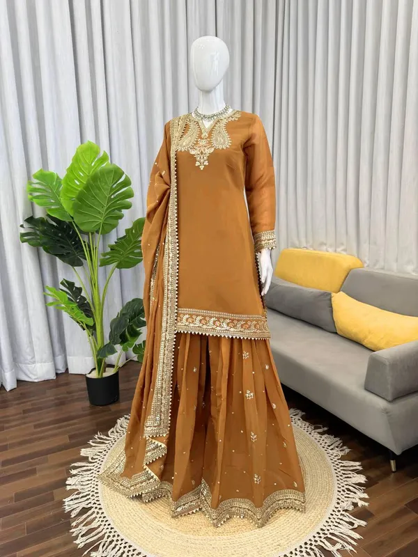 Mustard_Mul_Chanderi_Kurta_Palazzo_Dupatta_Set_For_Women