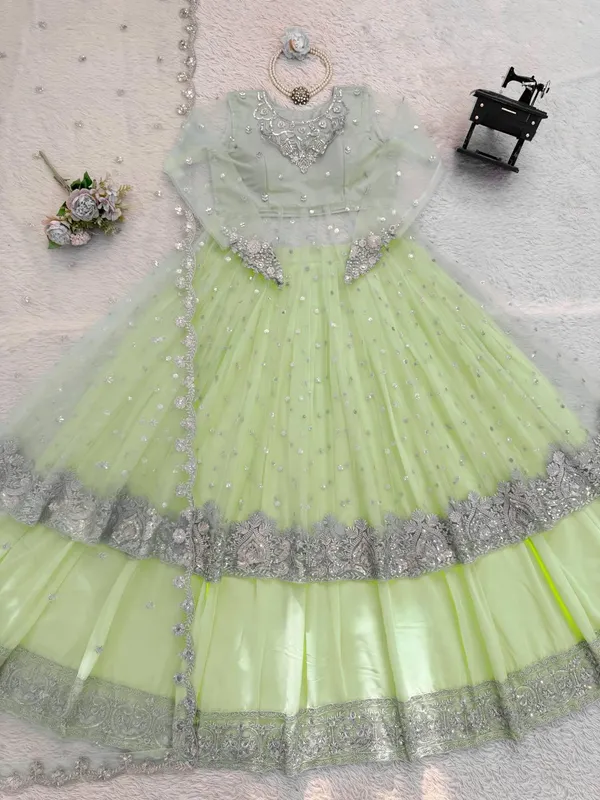 Mint_Green_Foux_Gorgette_Lehenga_Choli_Set_For_Women