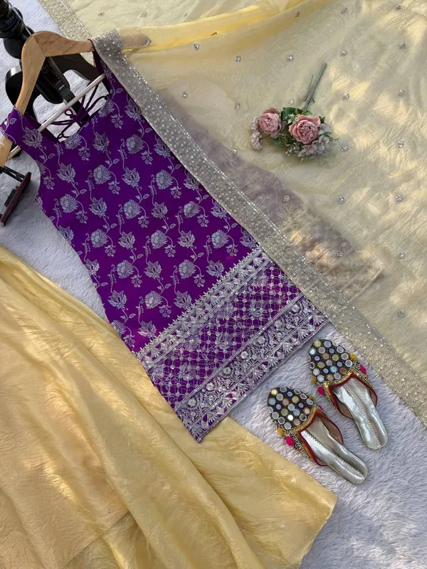 Purple_And_Yellow_Jequrd_Kurta_Palazzo_Set_For_Women