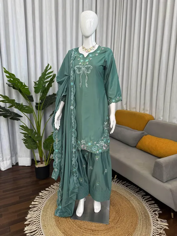 Teal_Green_Natural_Crep_Kurta_Sharara_Duppata_Set_For_Women