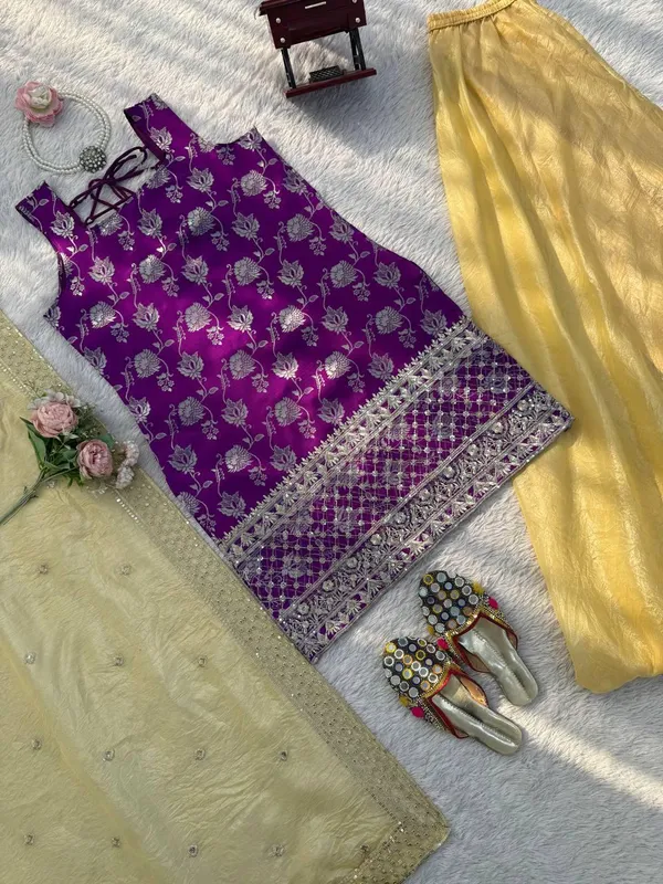 Purple_And_Yellow_Jequrd_Kurta_Palazzo_Set_For_Women
