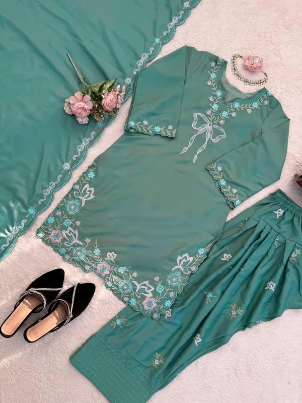 Teal_Green_Natural_Crep_Kurta_Sharara_Duppata_Set_For_Women