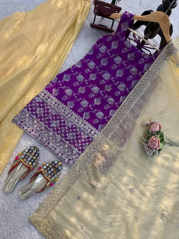 Purple_And_Yellow_Jequrd_Kurta_Palazzo_Set_For_Women