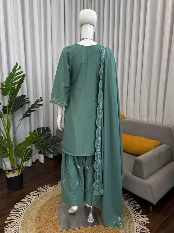 Teal_Green_Natural_Crep_Kurta_Sharara_Duppata_Set_For_Women