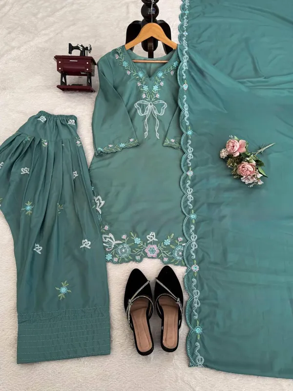 Teal_Green_Natural_Crep_Kurta_Sharara_Duppata_Set_For_Women