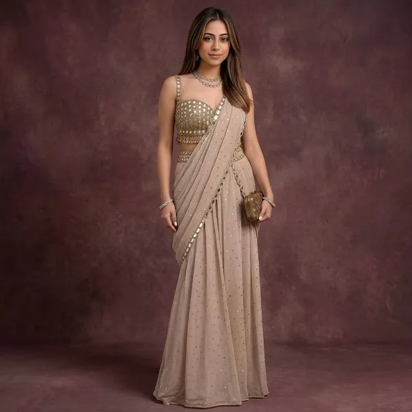 Beige_Foux_Gorgette_Lehenga_Choli_Set_For_Women