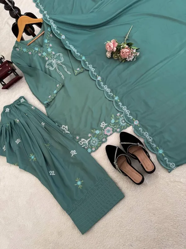 Teal_Green_Natural_Crep_Kurta_Sharara_Duppata_Set_For_Women