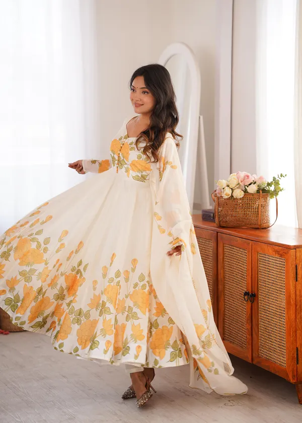 White_Heavy_Pure_Soft_Organja_Silk_Anarkali_Suit_Set_For_Women