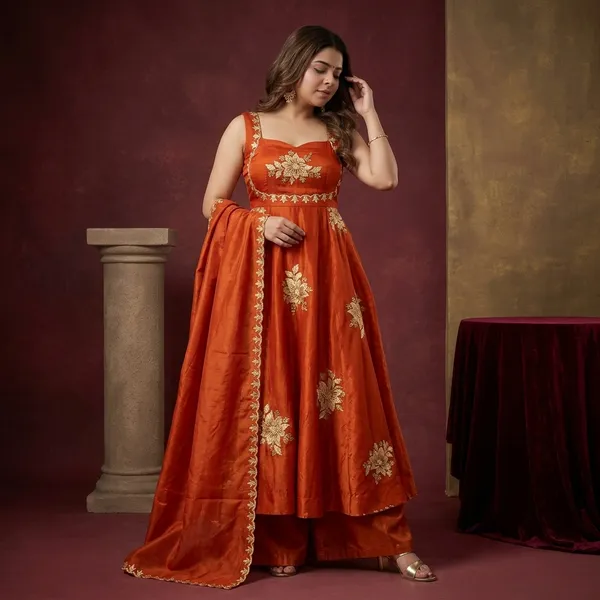 Orange_Fendy_Silk_Kurta_Set_For_Women
