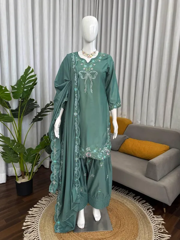 Teal_Green_Natural_Crep_Kurta_Sharara_Duppata_Set_For_Women