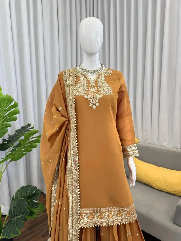 Mustard_Mul_Chanderi_Kurta_Palazzo_Dupatta_Set_For_Women