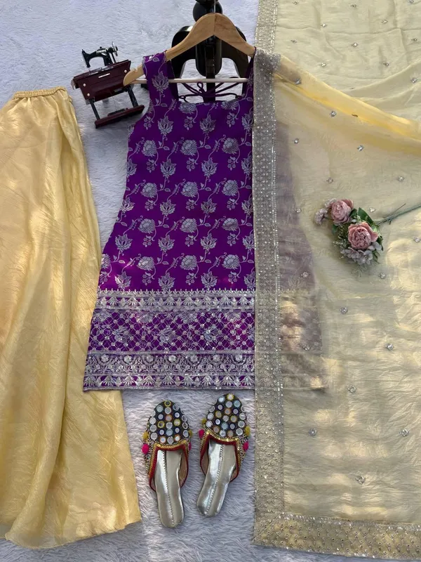 Purple_And_Yellow_Jequrd_Kurta_Palazzo_Set_For_Women