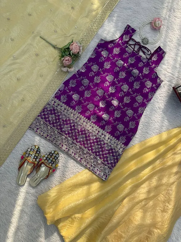 Purple_And_Yellow_Jequrd_Kurta_Palazzo_Set_For_Women