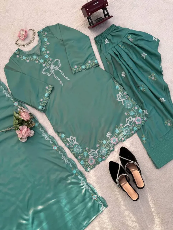 Teal_Green_Natural_Crep_Kurta_Sharara_Duppata_Set_For_Women