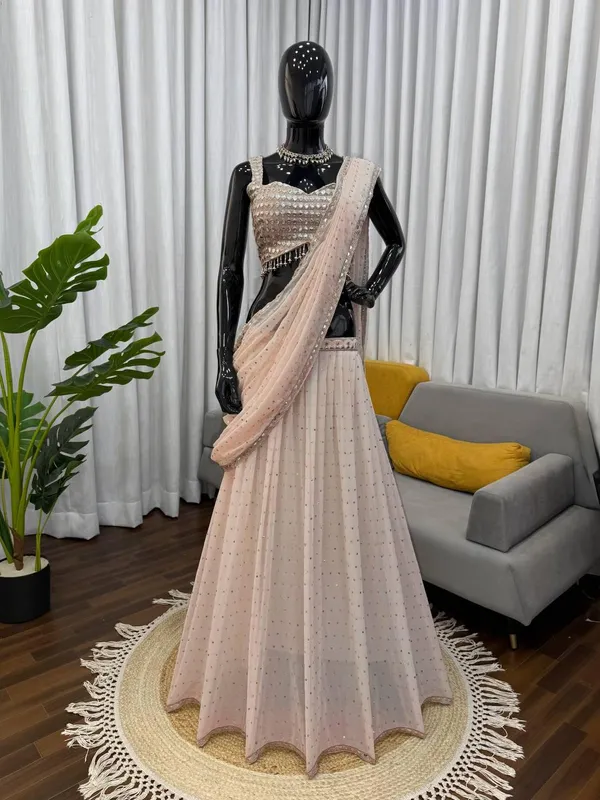 Beige_Foux_Gorgette_Lehenga_Choli_Set_For_Women