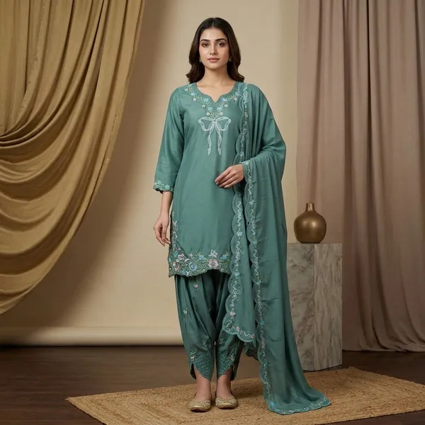 Teal_Green_Natural_Crep_Kurta_Sharara_Duppata_Set_For_Women