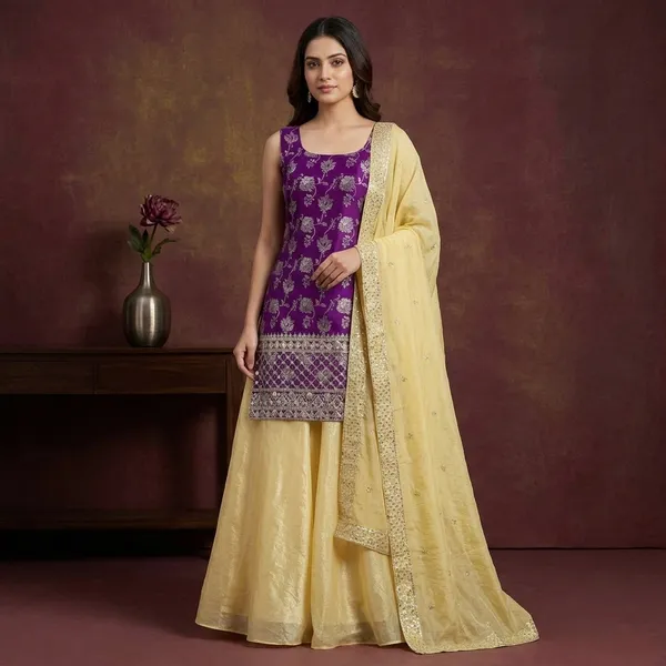 Purple_And_Yellow_Jequrd_Kurta_Palazzo_Set_For_Women