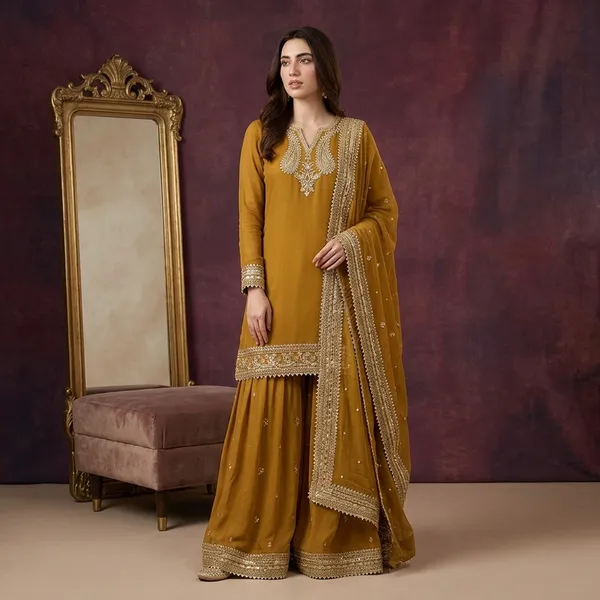 Mustard_Mul_Chanderi_Kurta_Palazzo_Dupatta_Set_For_Women