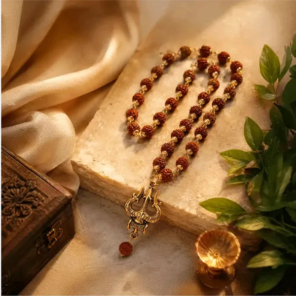 5_mukhi_Rudraksh_mala_with_mahadev_trishul_pendant_/gold_plated/_10_mm_beads_approx_/29_beads_mala/spritual_mala