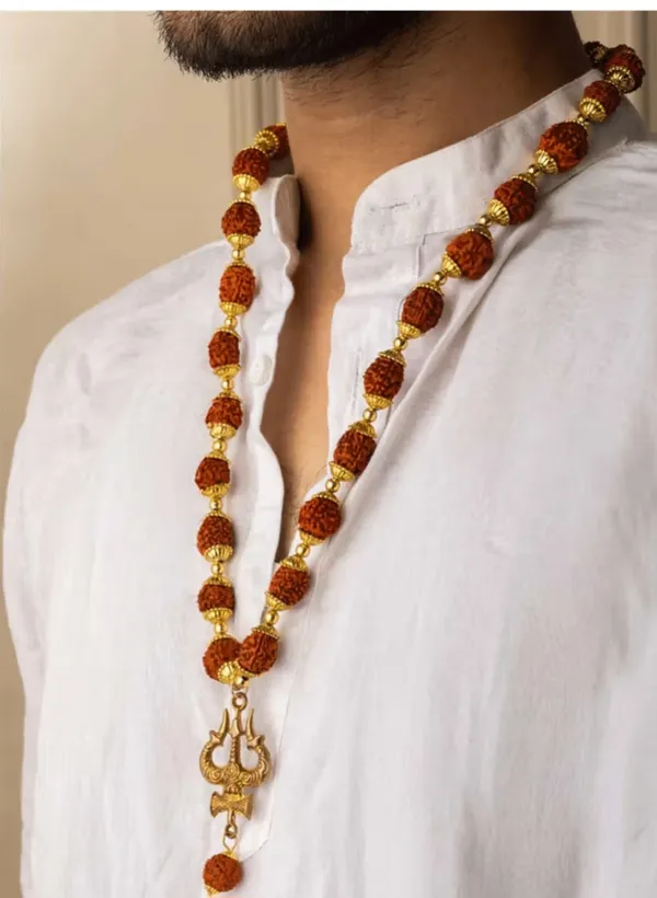 5_mukhi_Rudraksh_mala_with_mahadev_trishul_pendant_/gold_plated/_10_mm_beads_approx_/29_beads_mala/spritual_mala
