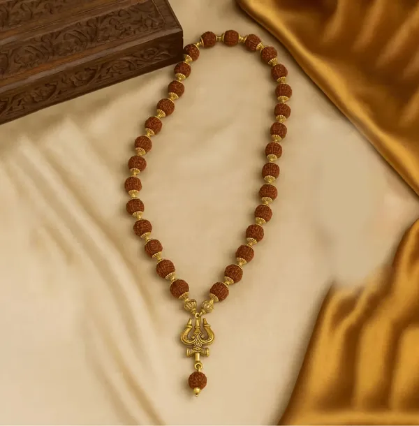 5_mukhi_Rudraksh_mala_with_mahadev_trishul_pendant_/gold_plated/_10_mm_beads_approx_/29_beads_mala/spritual_mala