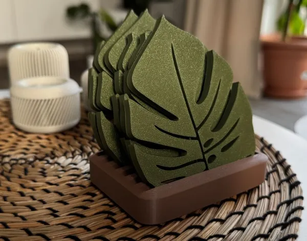 PLA_3d_print_Felt_Tropical_Monstera_Leaf_Shaped_Coaster_Set_With_Holder