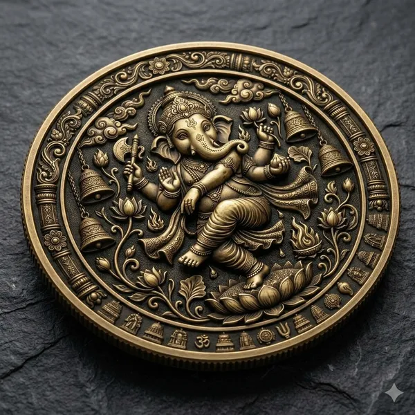 Brass__Decorative_Coin_Antique_Ganesha_Lotus_Embossed