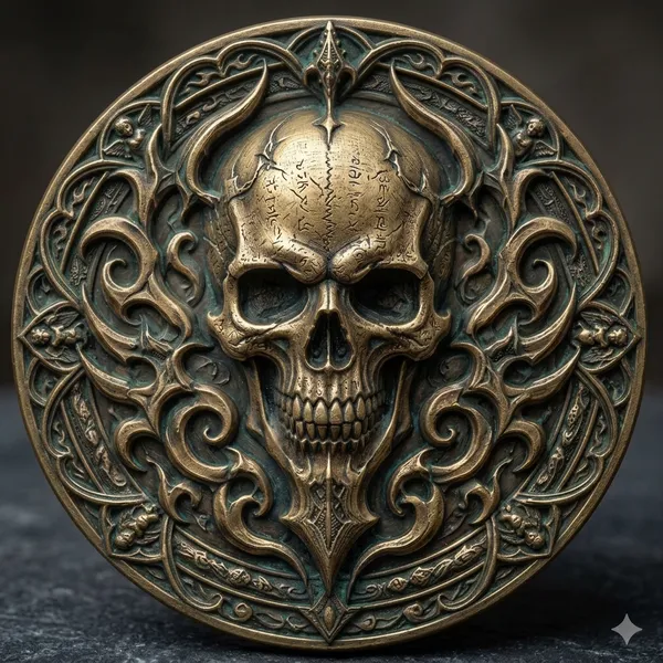 Brass_Decorative_Coin_Ornate_Skull_Scrollwork