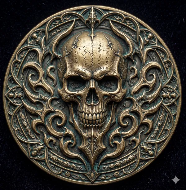 Brass_Decorative_Coin_Ornate_Skull_Scrollwork
