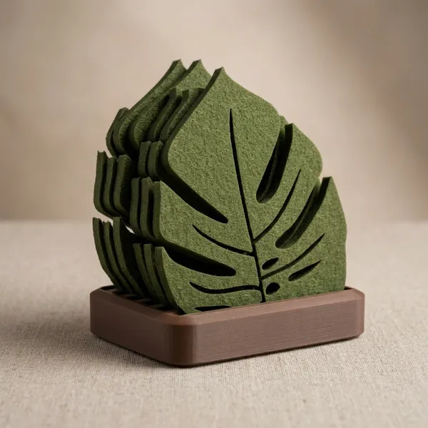 PLA_3d_print_Felt_Tropical_Monstera_Leaf_Shaped_Coaster_Set_With_Holder