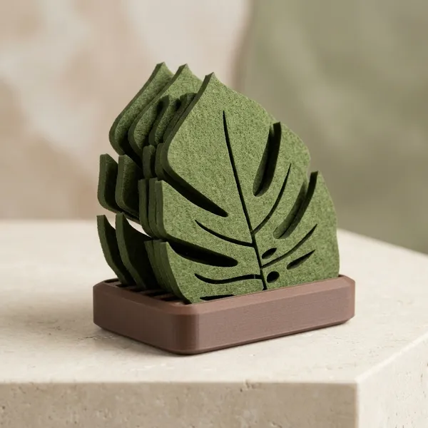 PLA_3d_print_Felt_Tropical_Monstera_Leaf_Shaped_Coaster_Set_With_Holder