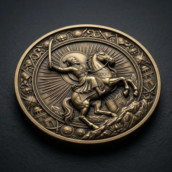 Brass_Decorative_Coin_Horseback_Warrior_Zodiac_Border_Relief