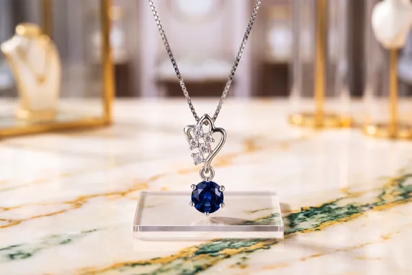 Silver_&_Blue_Sterling_Heart_Drop_Pendant_Necklace_For_Women