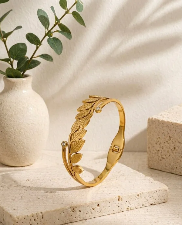 Gold_Leaf_Design_Open_Cuff_Bracelet_For_Women