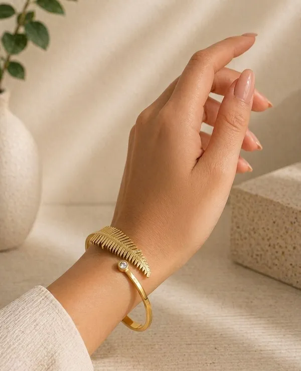 Gold_Toned_Leaf_Design_Adjustable_Cuff_Bracelet_For_Women