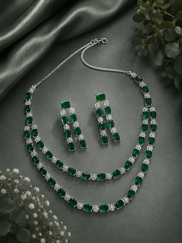 Emerald_Green_American_Diamond_Necklace_Set_with_Earrings_for_Women_|_Silver-Plated_Luxury_Party_&_Wedding_Jewellery
